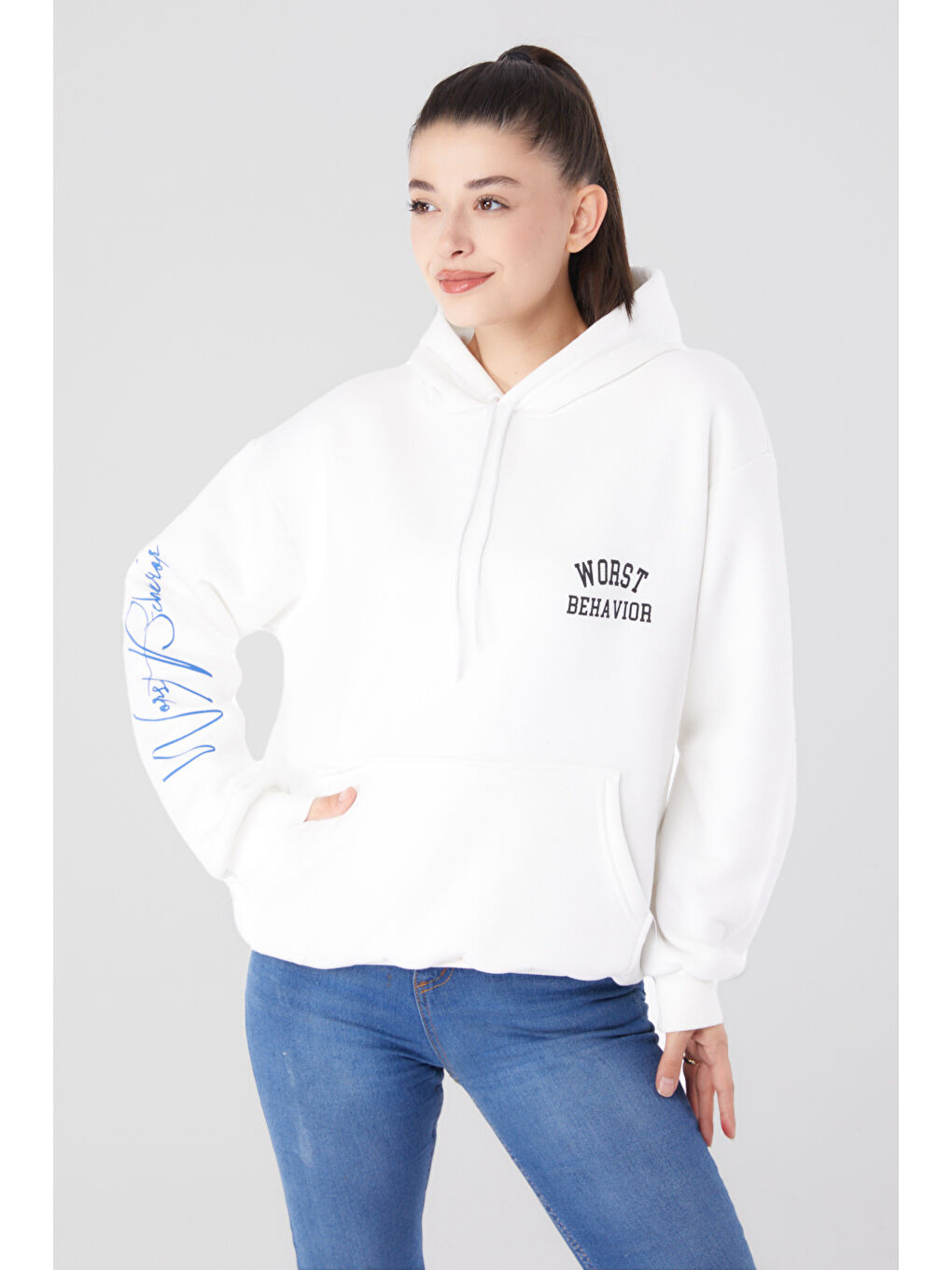 TOFİSA Düz Kapüşonlu Yaka Kadın Ekru Baskılı Sweatshirt   26279 - 1