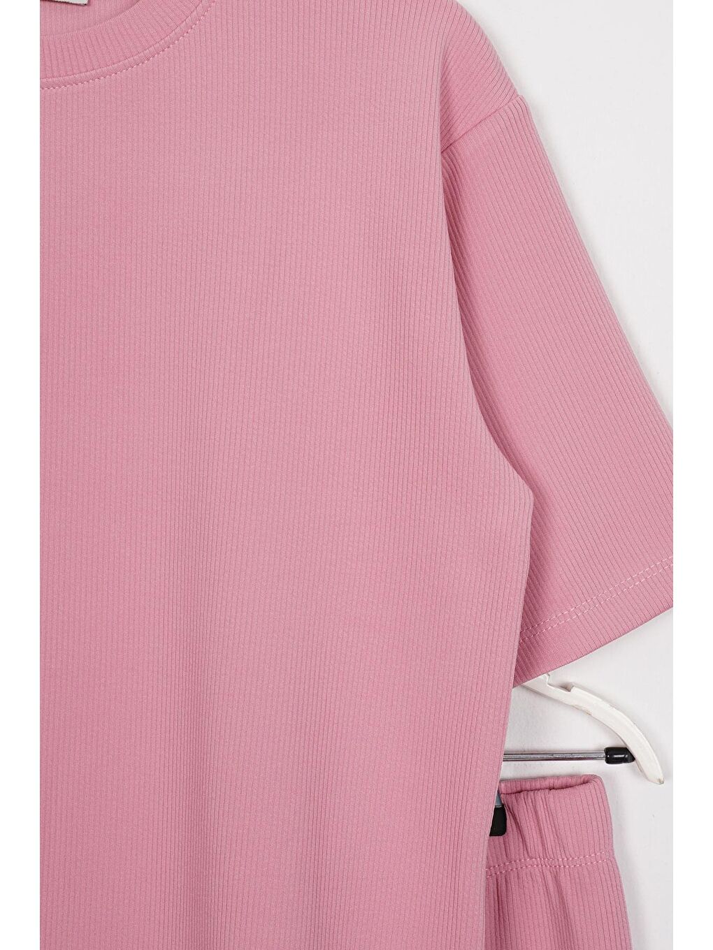 Pembe Bisiklet Yaka Kısa Kol Fitilli Oversize Gül Kurusu Renk Kız Çocuk Taytlı Takım-1