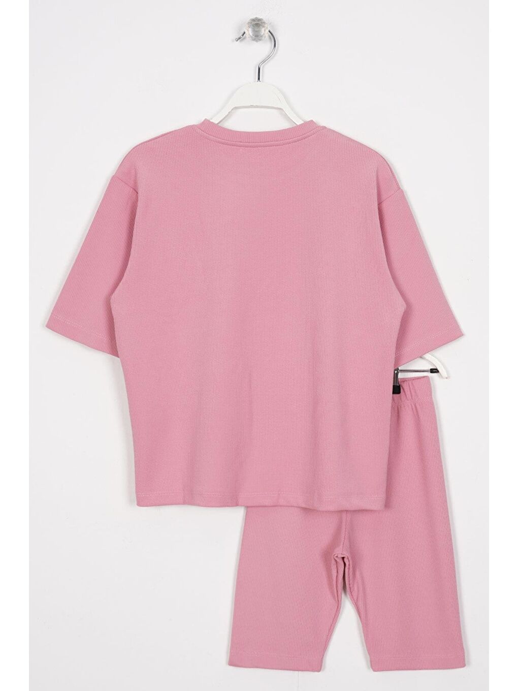 Pembe Bisiklet Yaka Kısa Kol Fitilli Oversize Gül Kurusu Renk Kız Çocuk Taytlı Takım-2