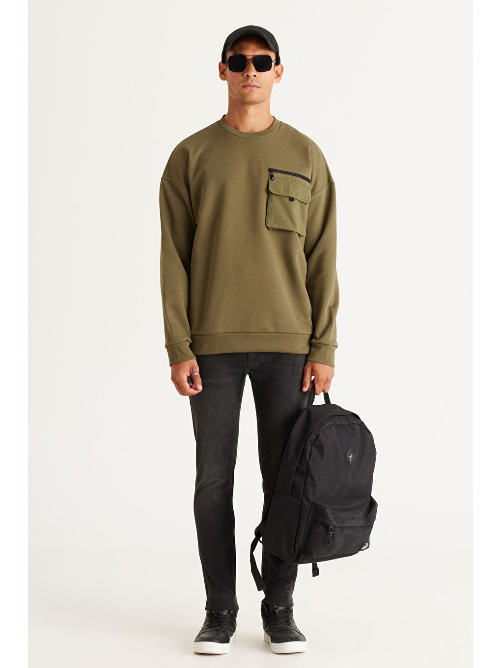 Erkek Haki Oversize Bol Kesim Bisiklet Yaka %100 Pamuk Sweatshirt-1