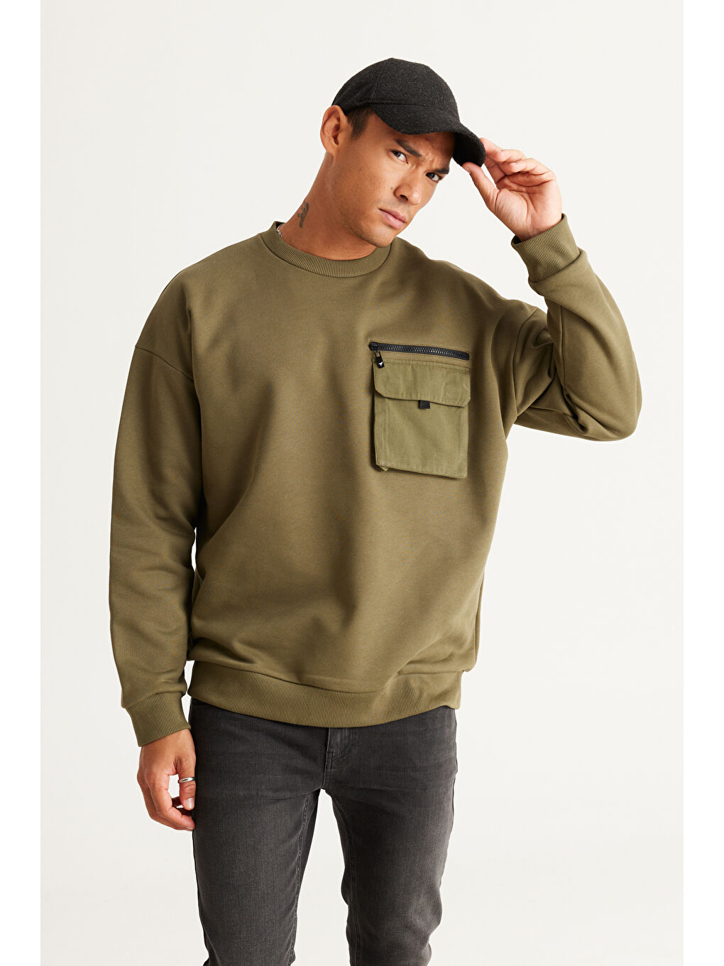 Erkek Haki Oversize Bol Kesim Bisiklet Yaka %100 Pamuk Sweatshirt-2