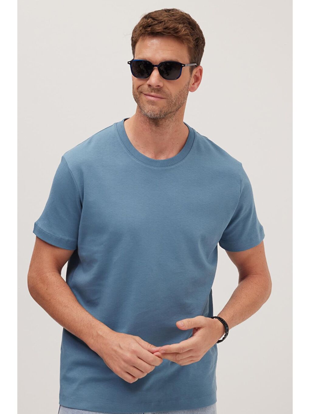 Unisex Relax Fit Rahat Kesim %100 Pamuk Yumuşak Dokulu Hafif Kalın Mavi Bisiklet Yaka Tişört