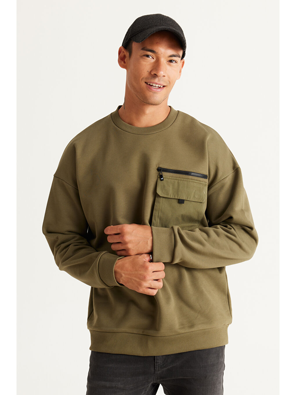 Erkek Haki Oversize Bol Kesim Bisiklet Yaka %100 Pamuk Sweatshirt-3