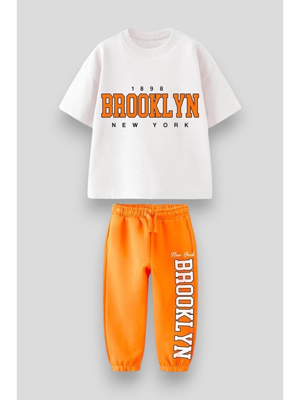 Karışık Erkek Çocuk Pamuklu Turuncu Brooklyn Yazılı Eşofman Takımı - Şehir Temalı Spor Kombin