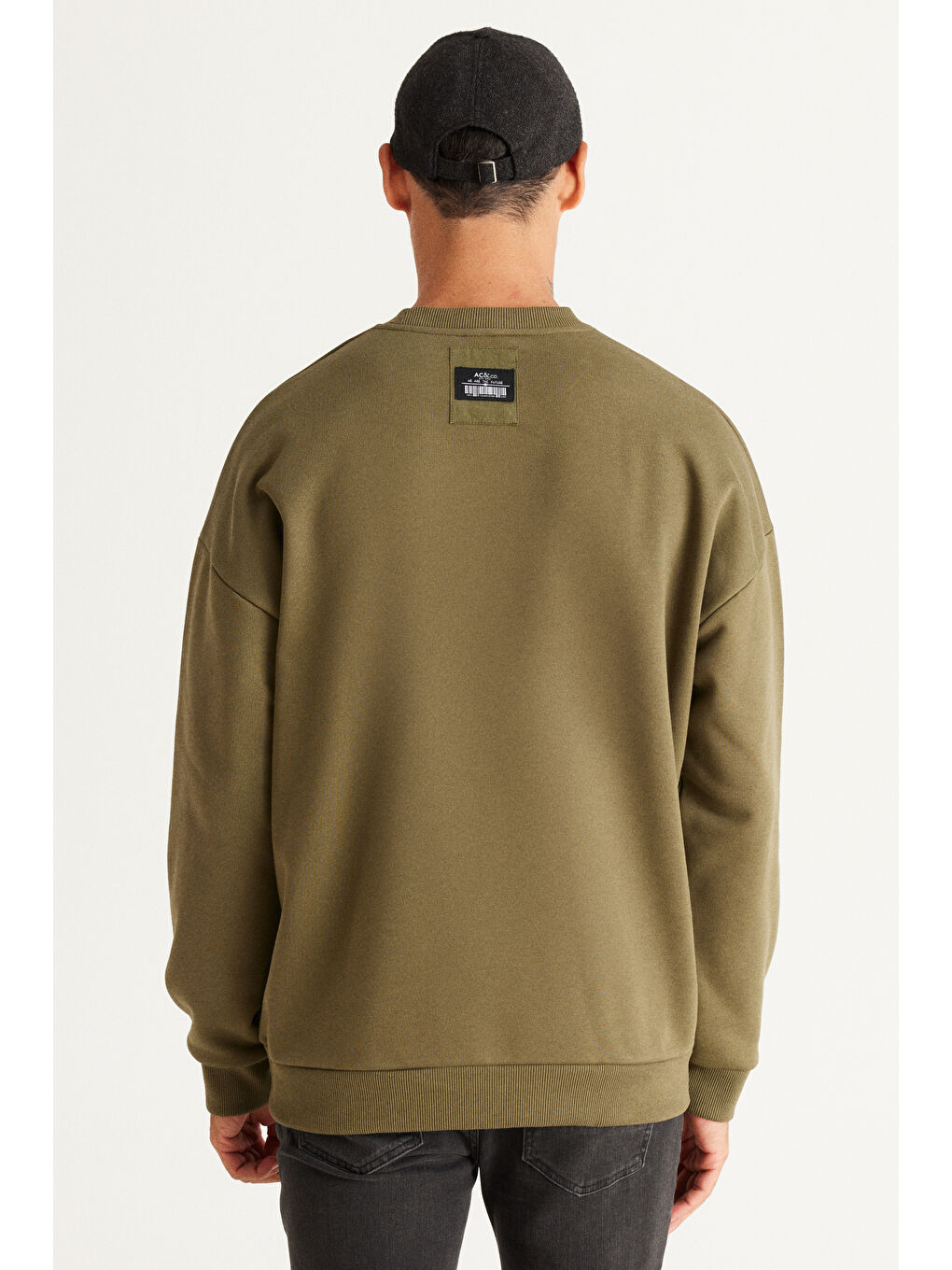 Erkek Haki Oversize Bol Kesim Bisiklet Yaka %100 Pamuk Sweatshirt-4