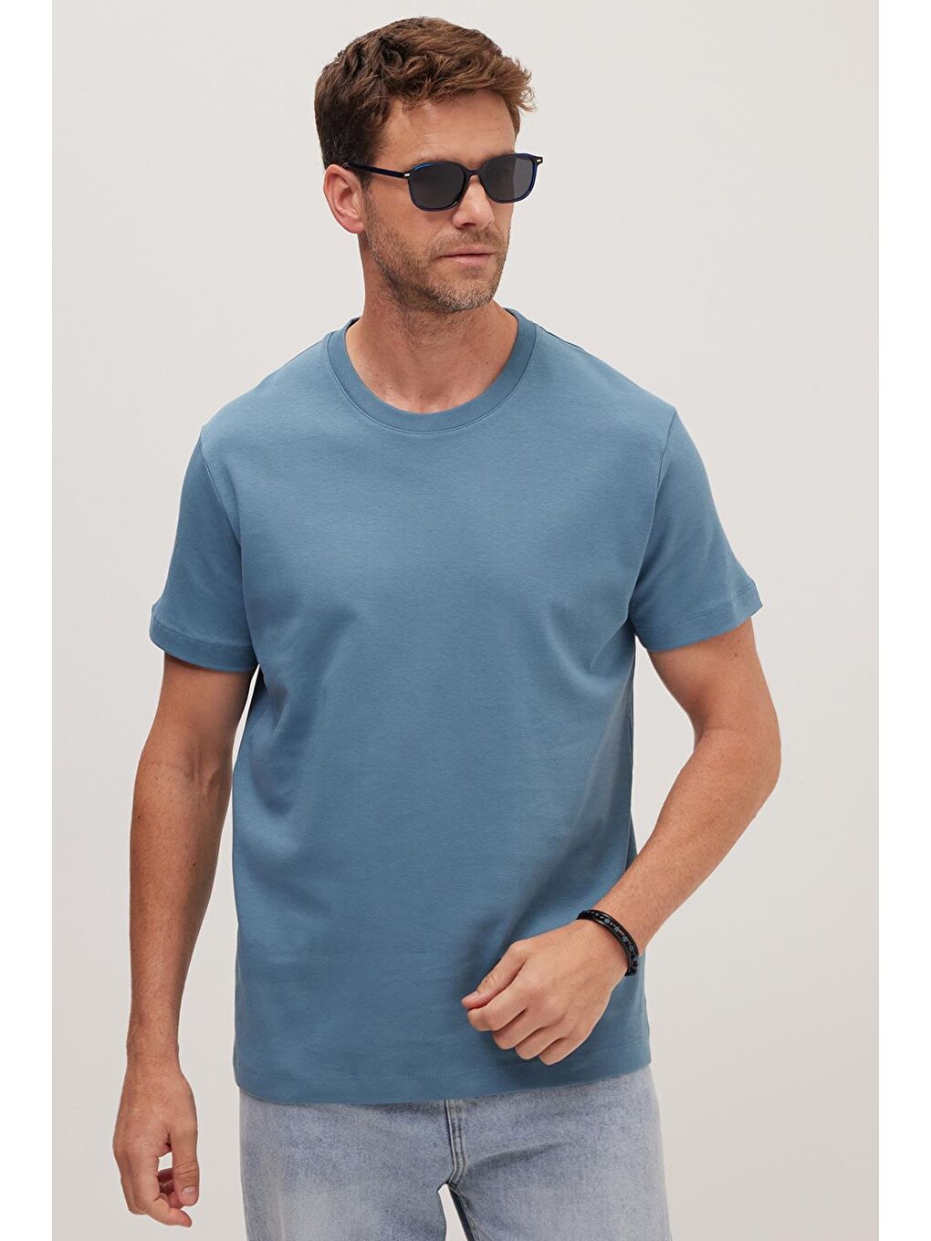 Unisex Relax Fit Rahat Kesim %100 Pamuk Yumuşak Dokulu Hafif Kalın Mavi Bisiklet Yaka Tişört-3