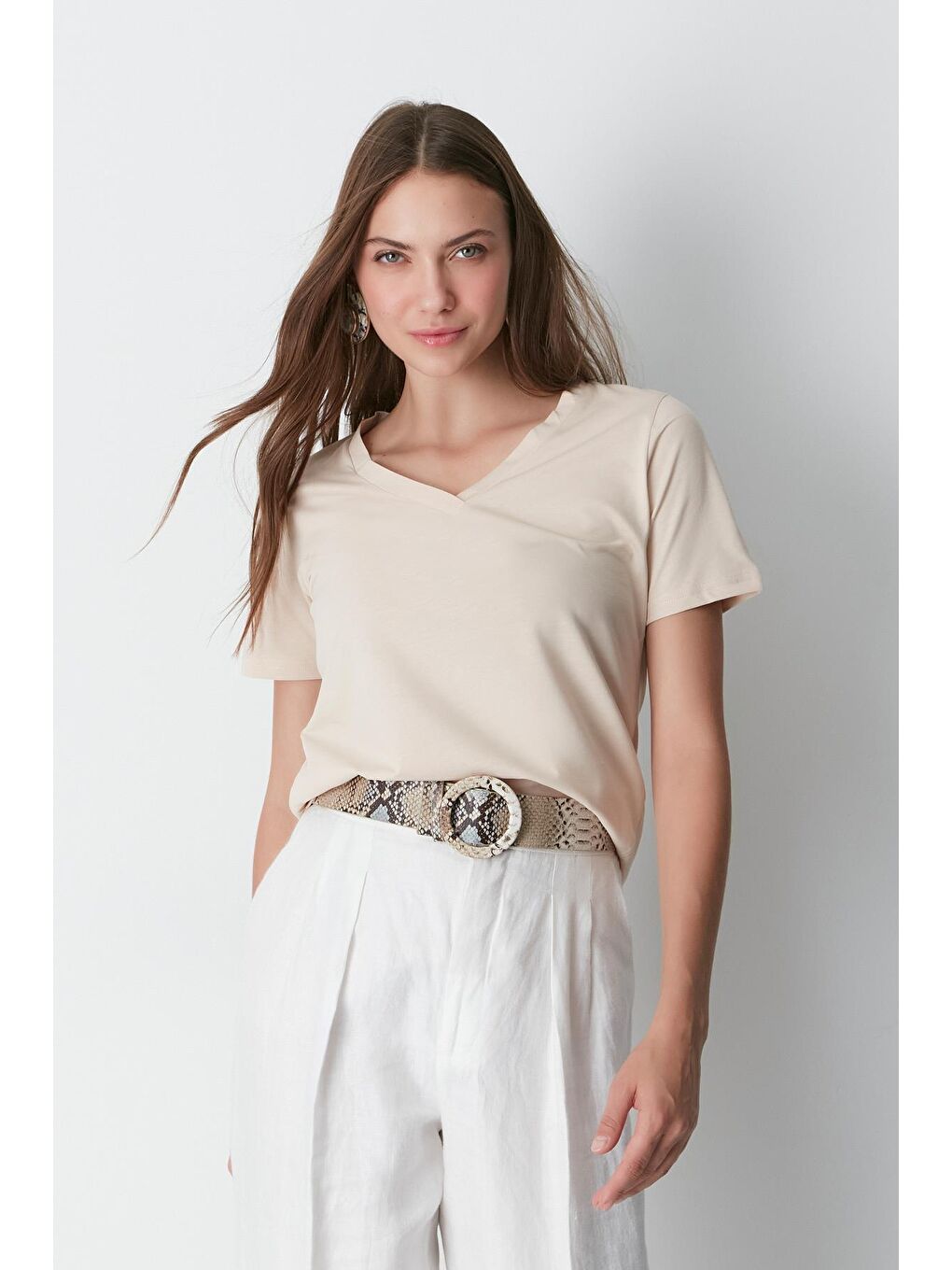 V Yaka Kısa Kol 2'li Basic T-Shirt 962 Haki/Bej-1