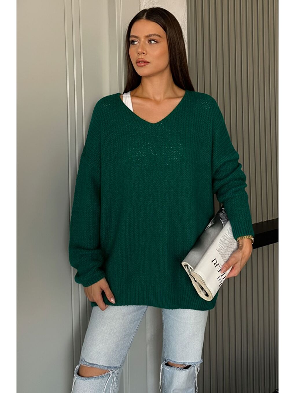 Yeşil V Yaka Salaş Triko Bluz (s,m,l,xl Uyumludur)