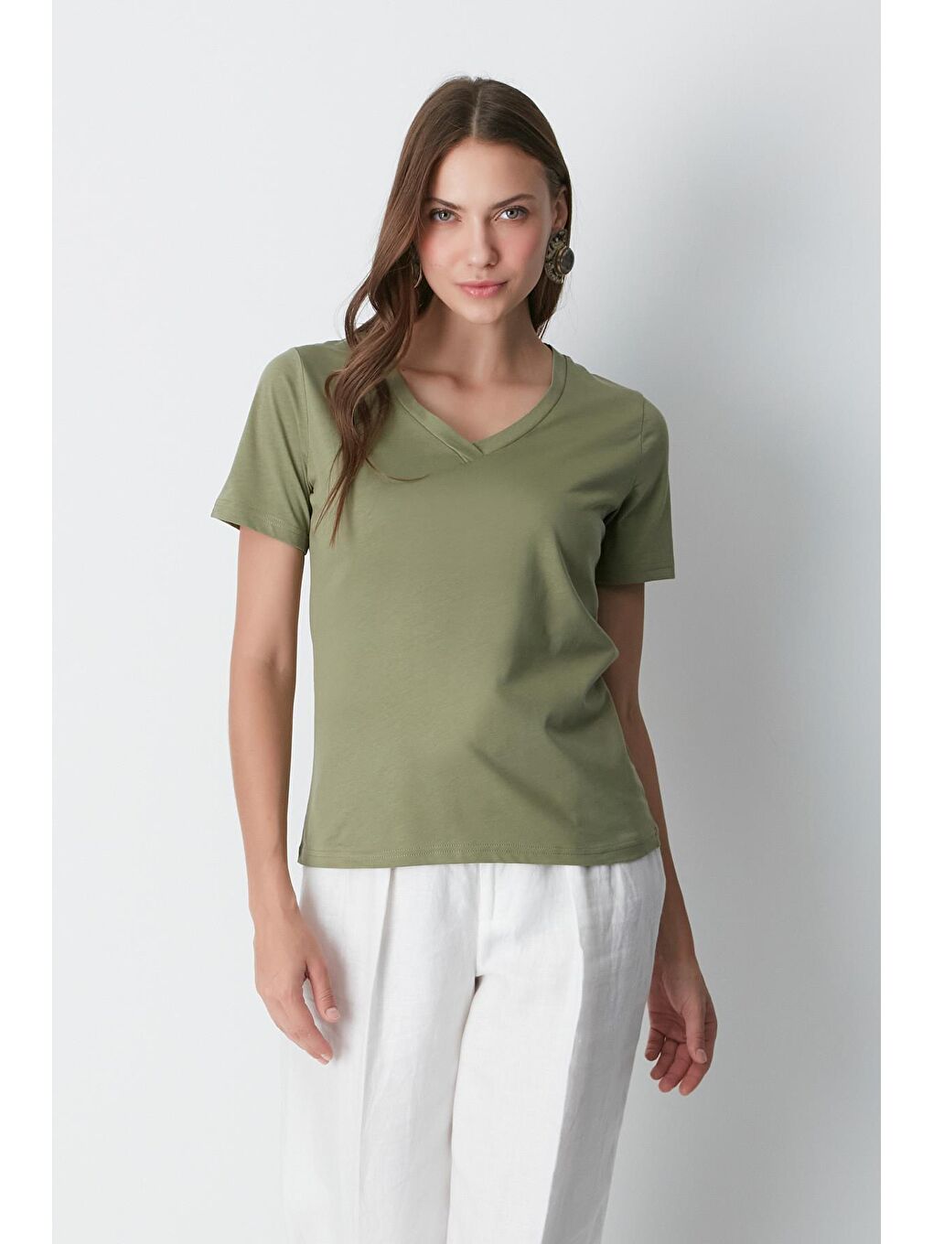 V Yaka Kısa Kol 2'li Basic T-Shirt 962 Haki/Bej-2