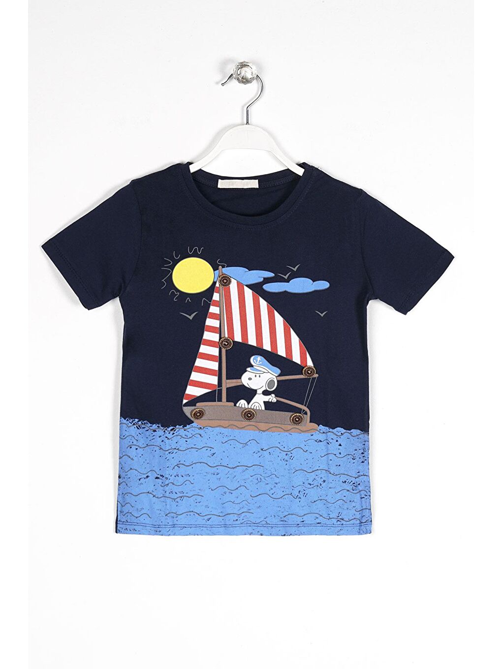 Bisiklet Yaka Kısa Kol Gemi Basılı Düğme Aksesuarlı Lacivert Renk Erkek Çocuk Tshirt