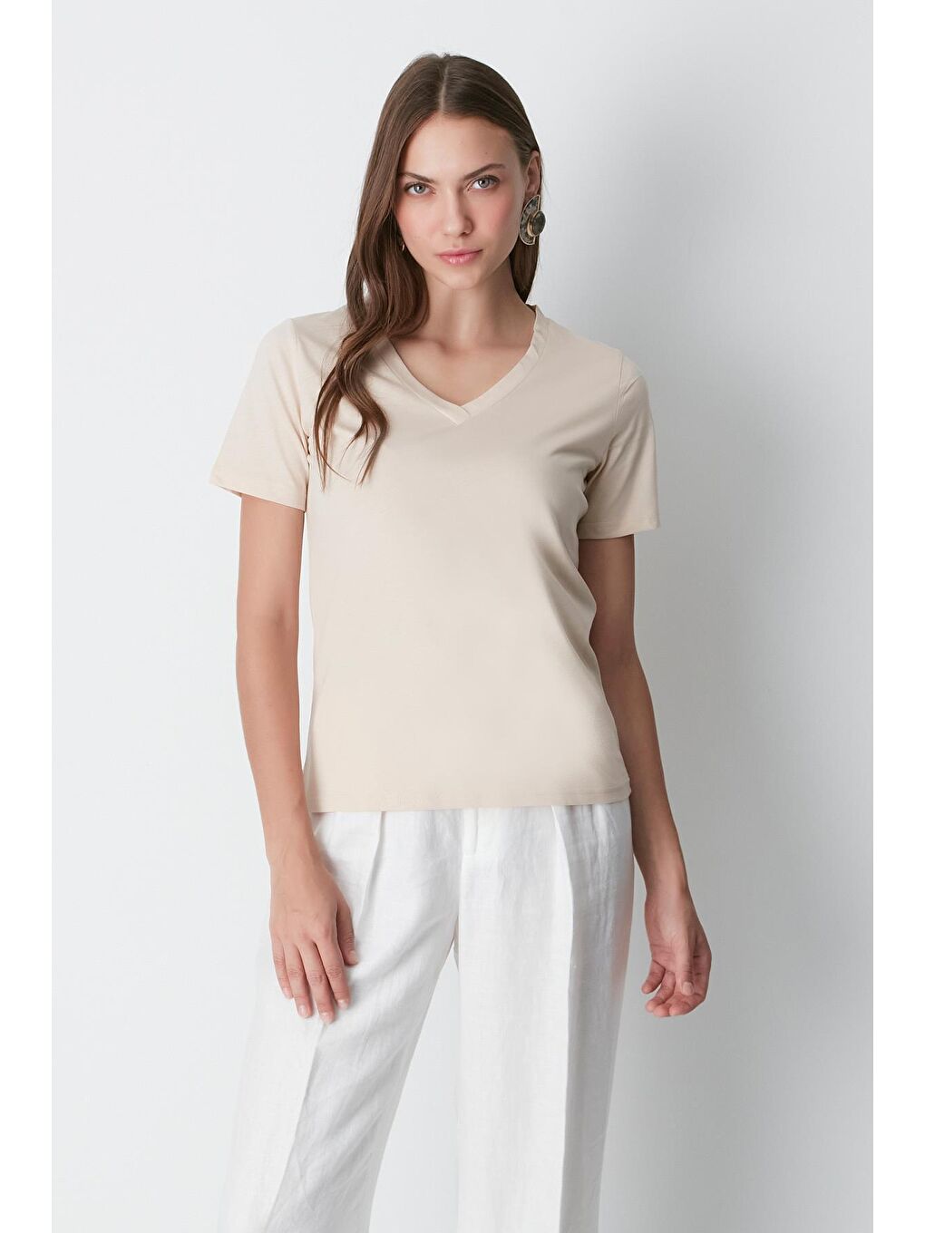 V Yaka Kısa Kol 2'li Basic T-Shirt 962 Haki/Bej-3