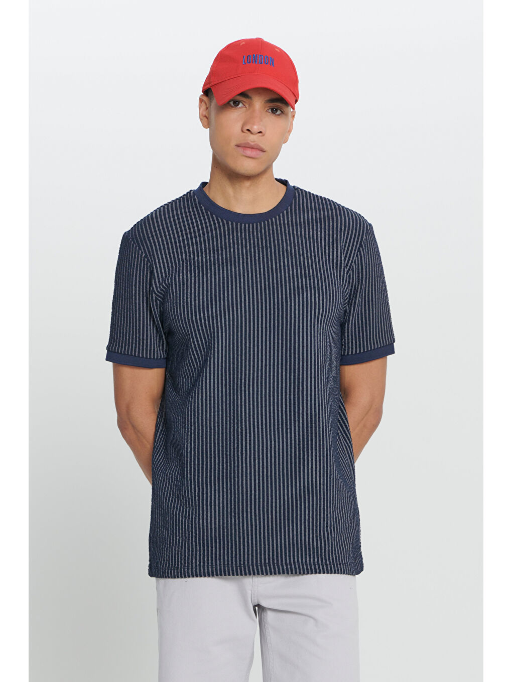 Erkek Lacivert Comfort Fit Rahat Kesim Pamuklu Çizgili Bisiklet Yaka Tişört
