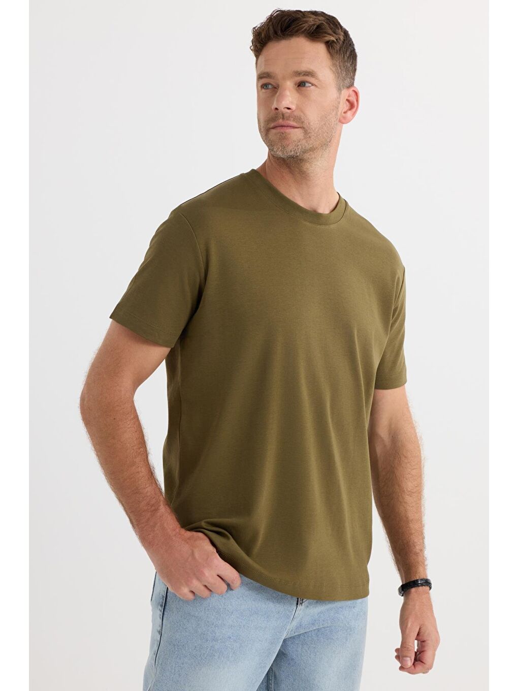 Unisex Relax Fit Rahat Kesim %100 Pamuk Yumuşak Dokulu Hafif Kalın Haki Bisiklet Yaka Tişört