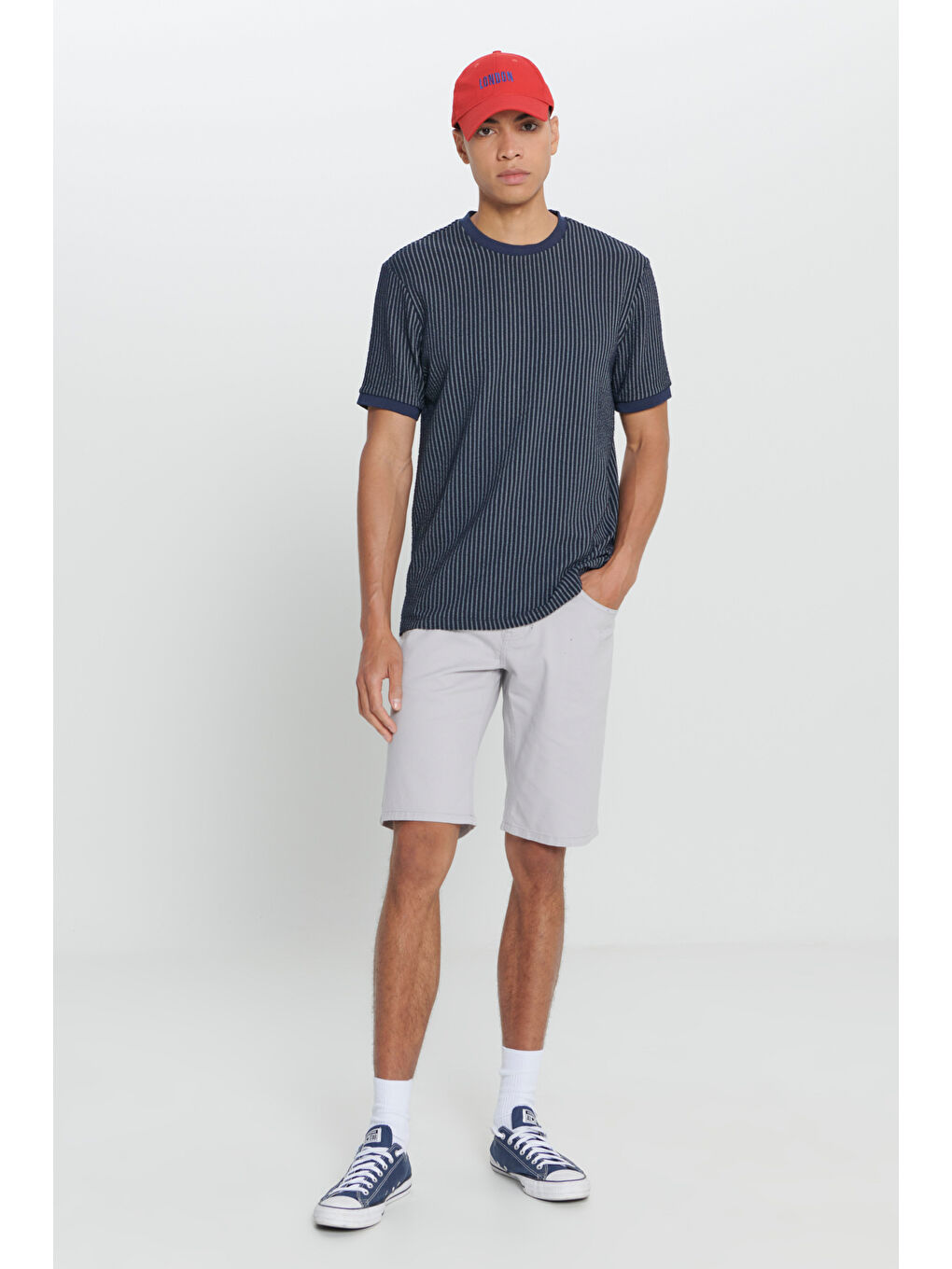Erkek Lacivert Comfort Fit Rahat Kesim Pamuklu Çizgili Bisiklet Yaka Tişört-1
