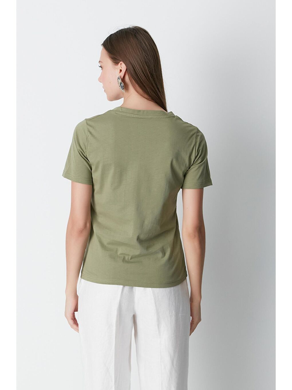 V Yaka Kısa Kol 2'li Basic T-Shirt 962 Haki/Bej-5