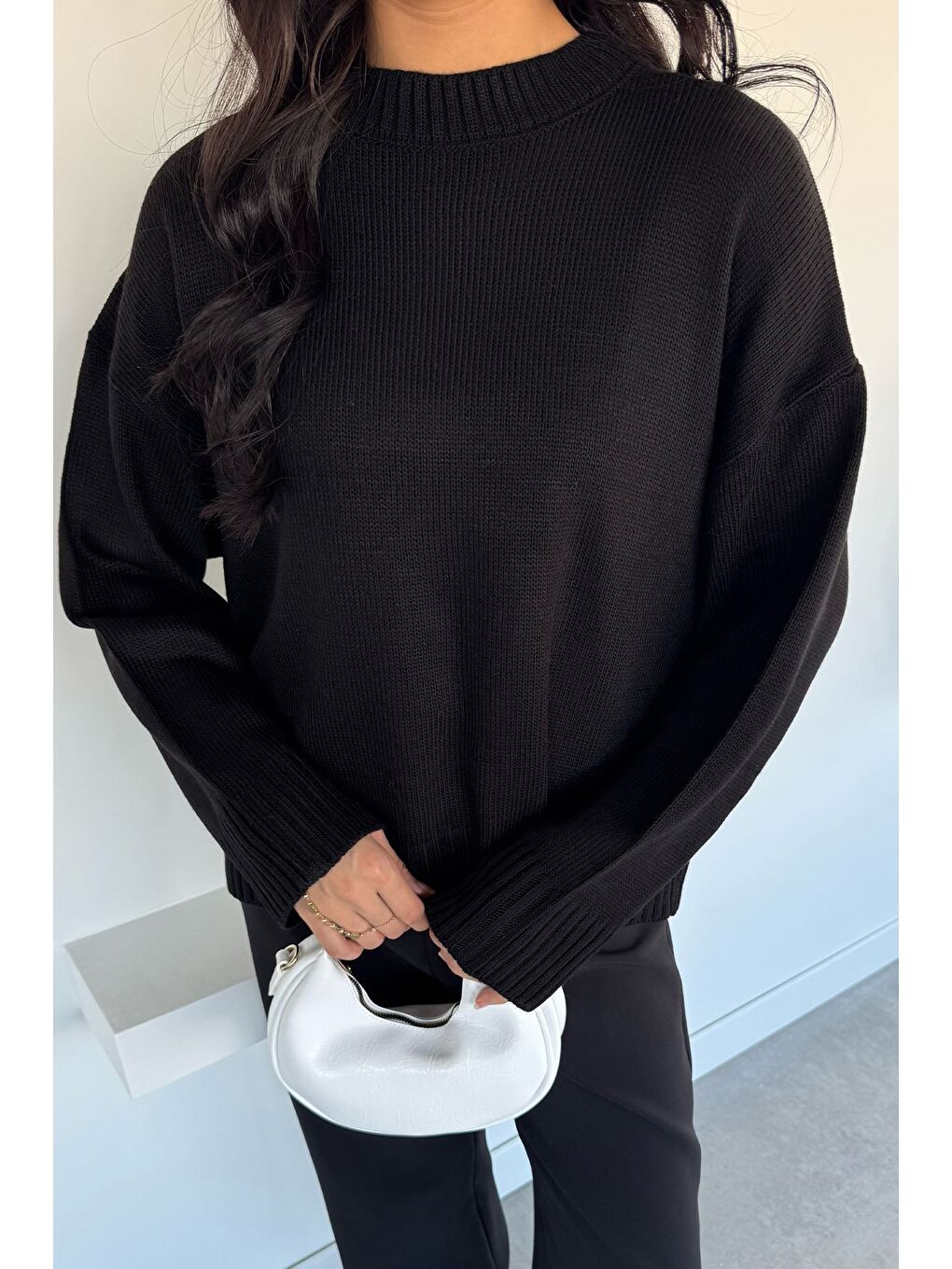 Siyah Kadın Bisklet Yaka Triko Kazak-1