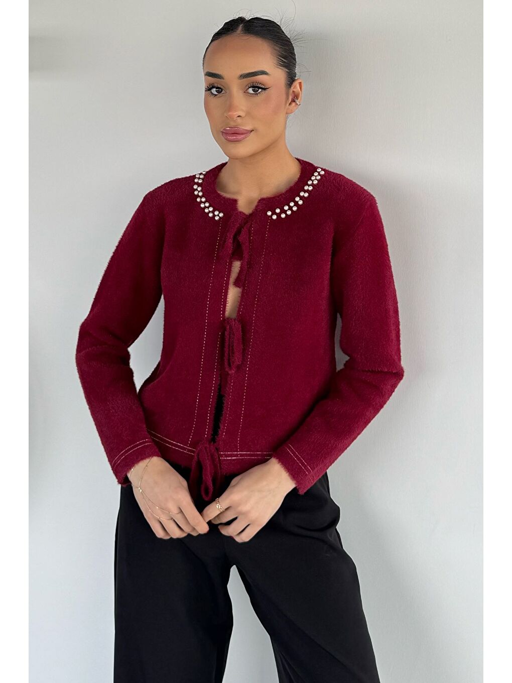 Bordo Kadın Ön Bağlamalı İnci Detaylı Yumoş Triko Ceket (s-m-l Uyumludur)-1