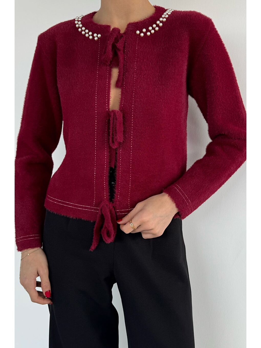 Bordo Kadın Ön Bağlamalı İnci Detaylı Yumoş Triko Ceket (s-m-l Uyumludur)-2