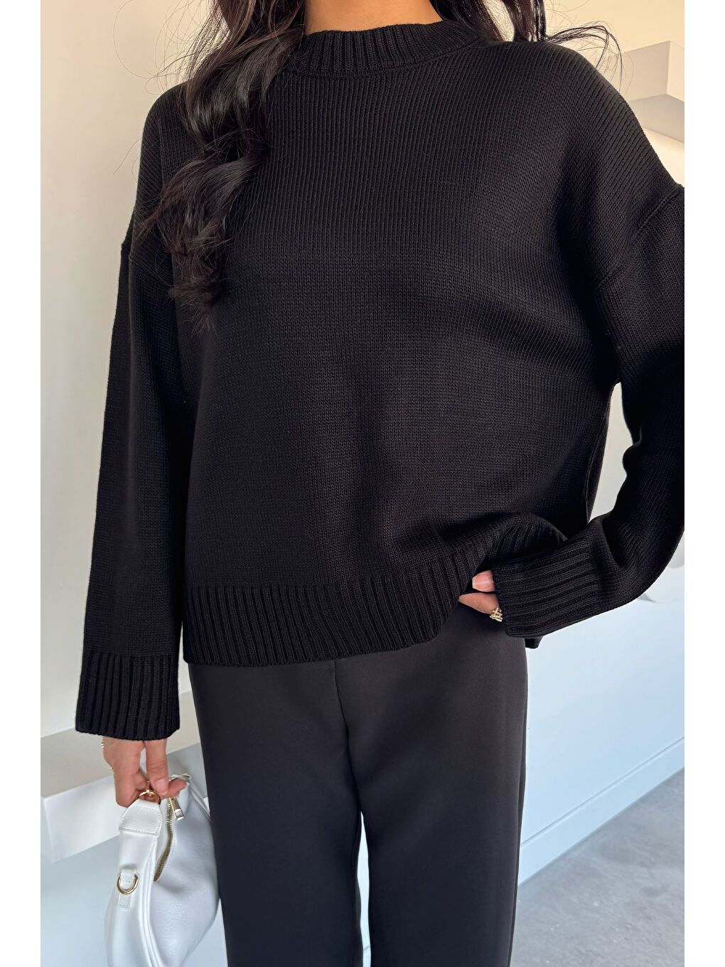 Siyah Kadın Bisklet Yaka Triko Kazak-2