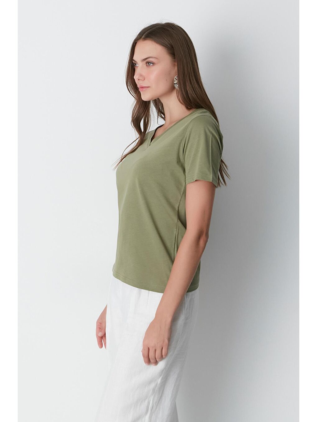 V Yaka Kısa Kol 2'li Basic T-Shirt 962 Haki/Bej-6