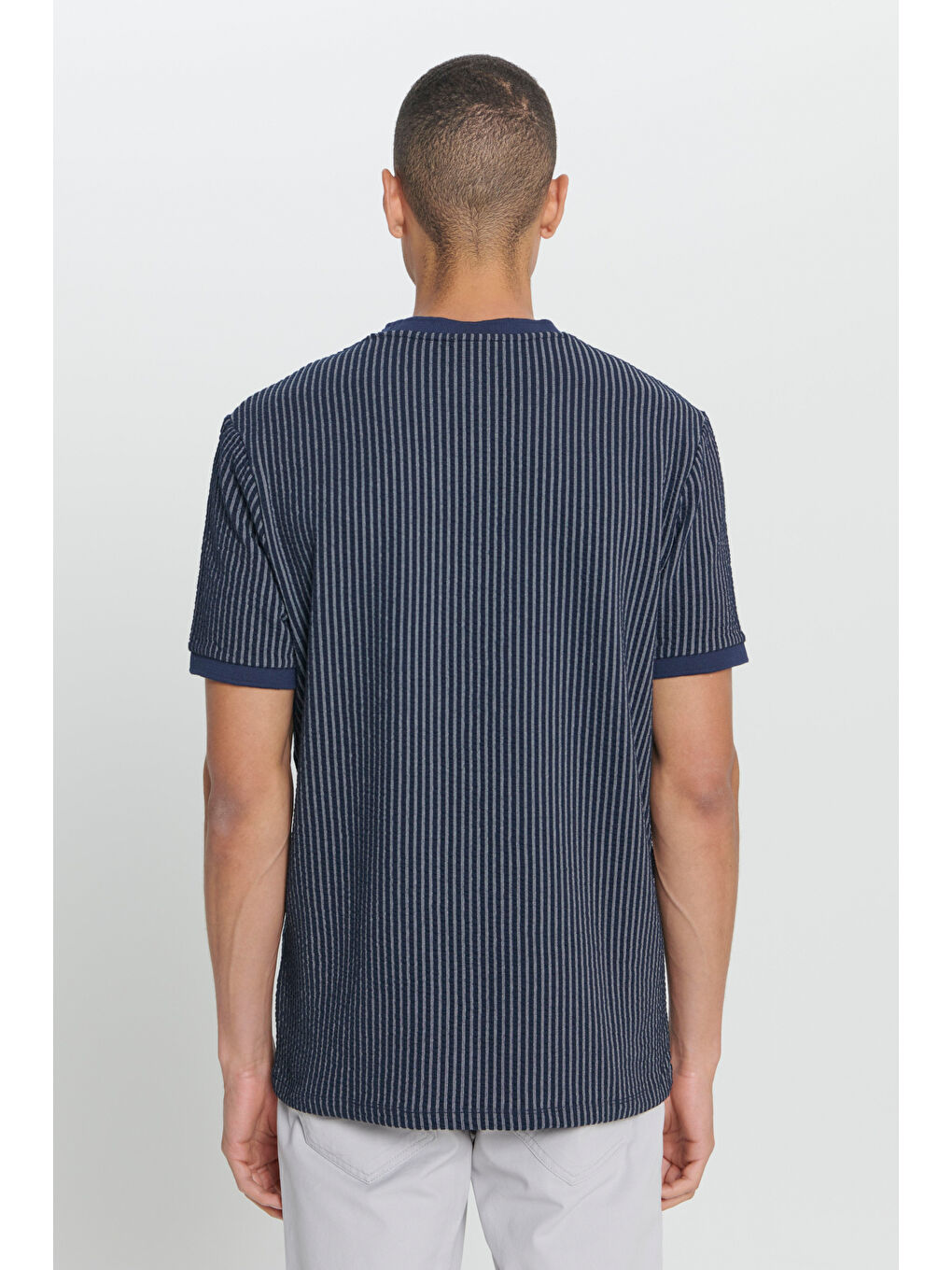 Erkek Lacivert Comfort Fit Rahat Kesim Pamuklu Çizgili Bisiklet Yaka Tişört-4