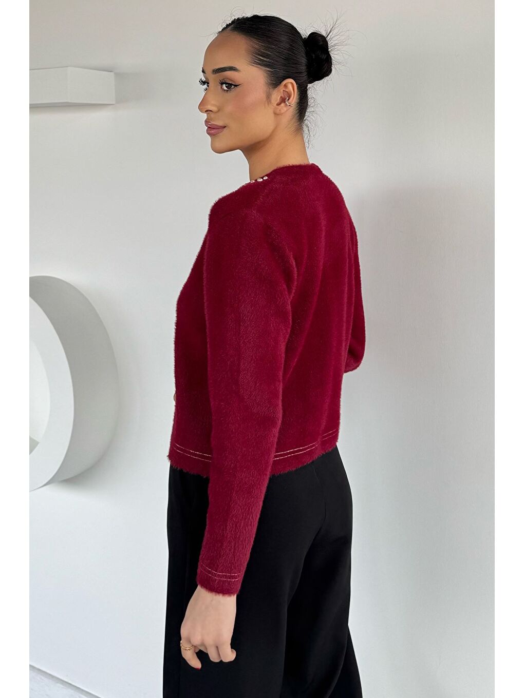 Bordo Kadın Ön Bağlamalı İnci Detaylı Yumoş Triko Ceket (s-m-l Uyumludur)-3