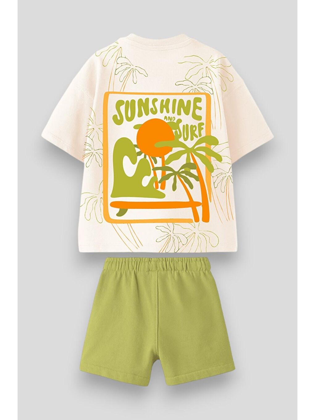 Karışık Erkek Çocuk Pamuklu Ekru Palmiye Desenli Takım - “Sunshine & Surf” Temalı T-Shirt Ve Yeşil Şort-1