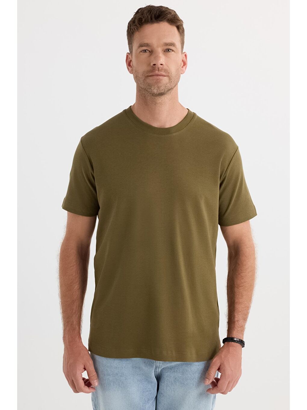 Unisex Relax Fit Rahat Kesim %100 Pamuk Yumuşak Dokulu Hafif Kalın Haki Bisiklet Yaka Tişört-3