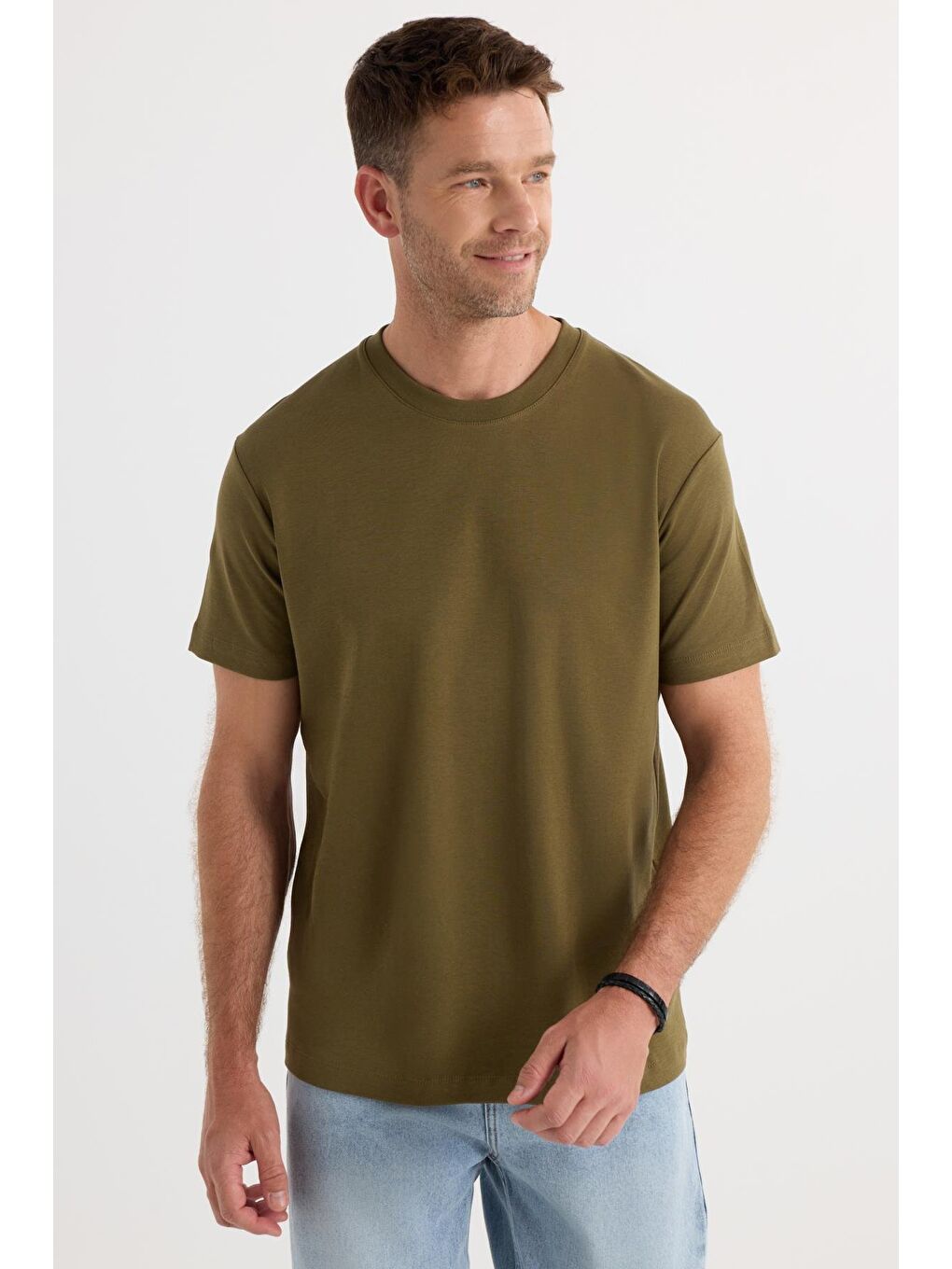 Unisex Relax Fit Rahat Kesim %100 Pamuk Yumuşak Dokulu Hafif Kalın Haki Bisiklet Yaka Tişört-4