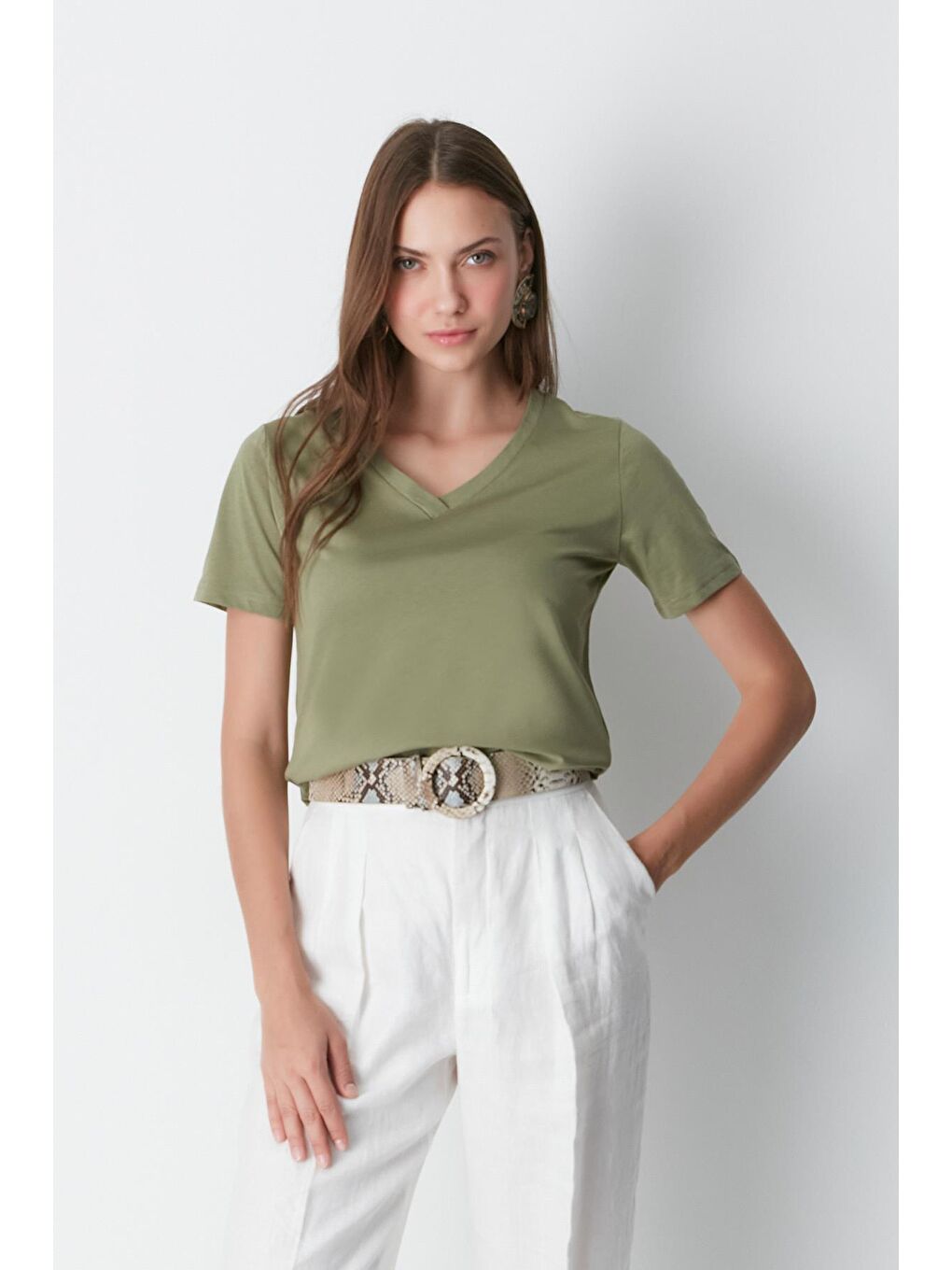 V Yaka Kısa Kol 2'li Basic T-Shirt 962 Haki/Bej-8