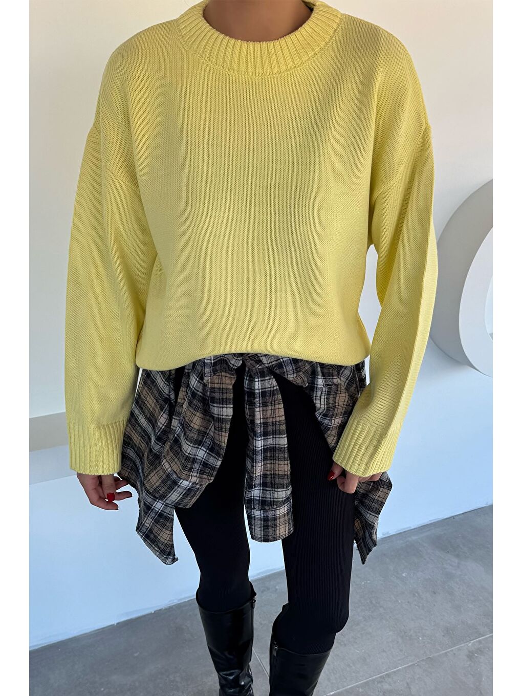 Sarı Kadın Bisklet Yaka Triko Kazak-1