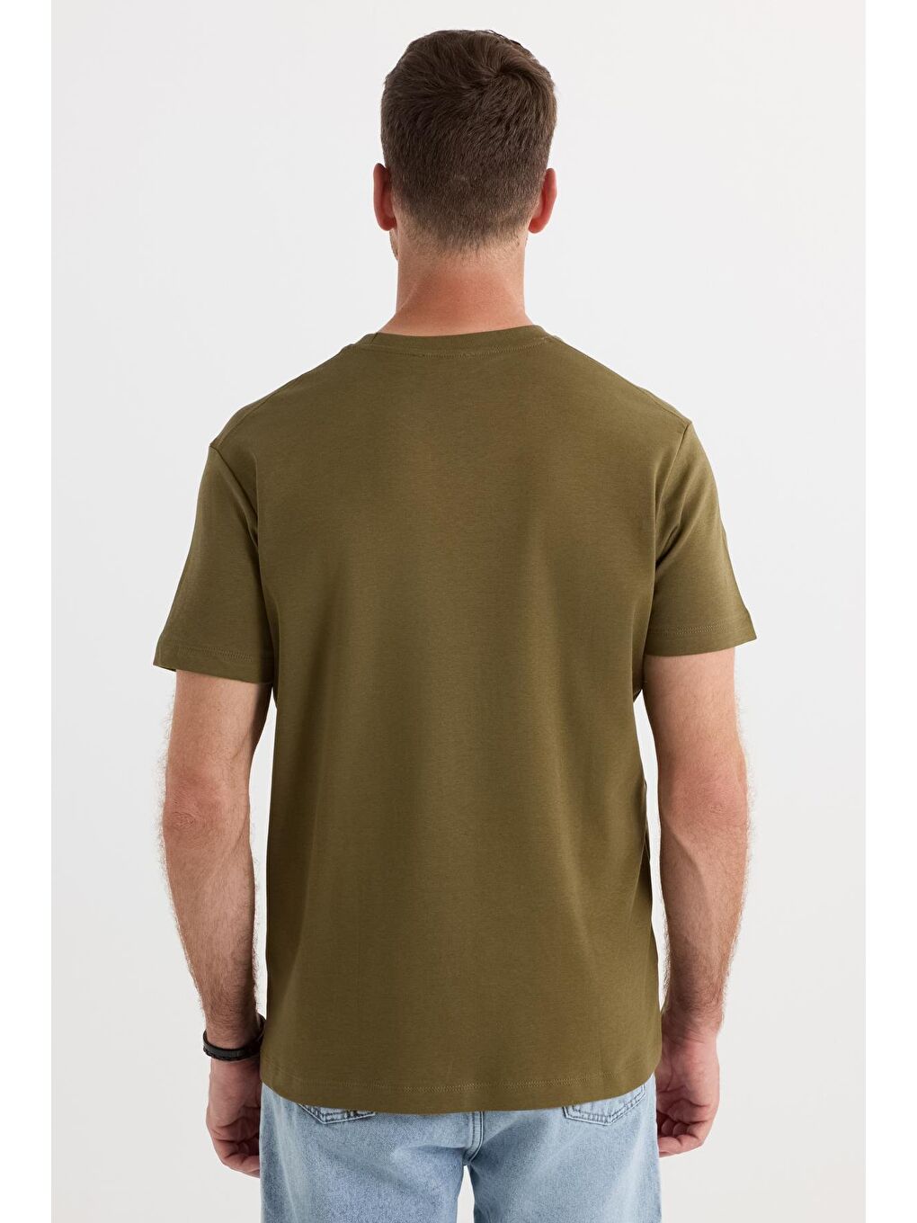 Unisex Relax Fit Rahat Kesim %100 Pamuk Yumuşak Dokulu Hafif Kalın Haki Bisiklet Yaka Tişört-6