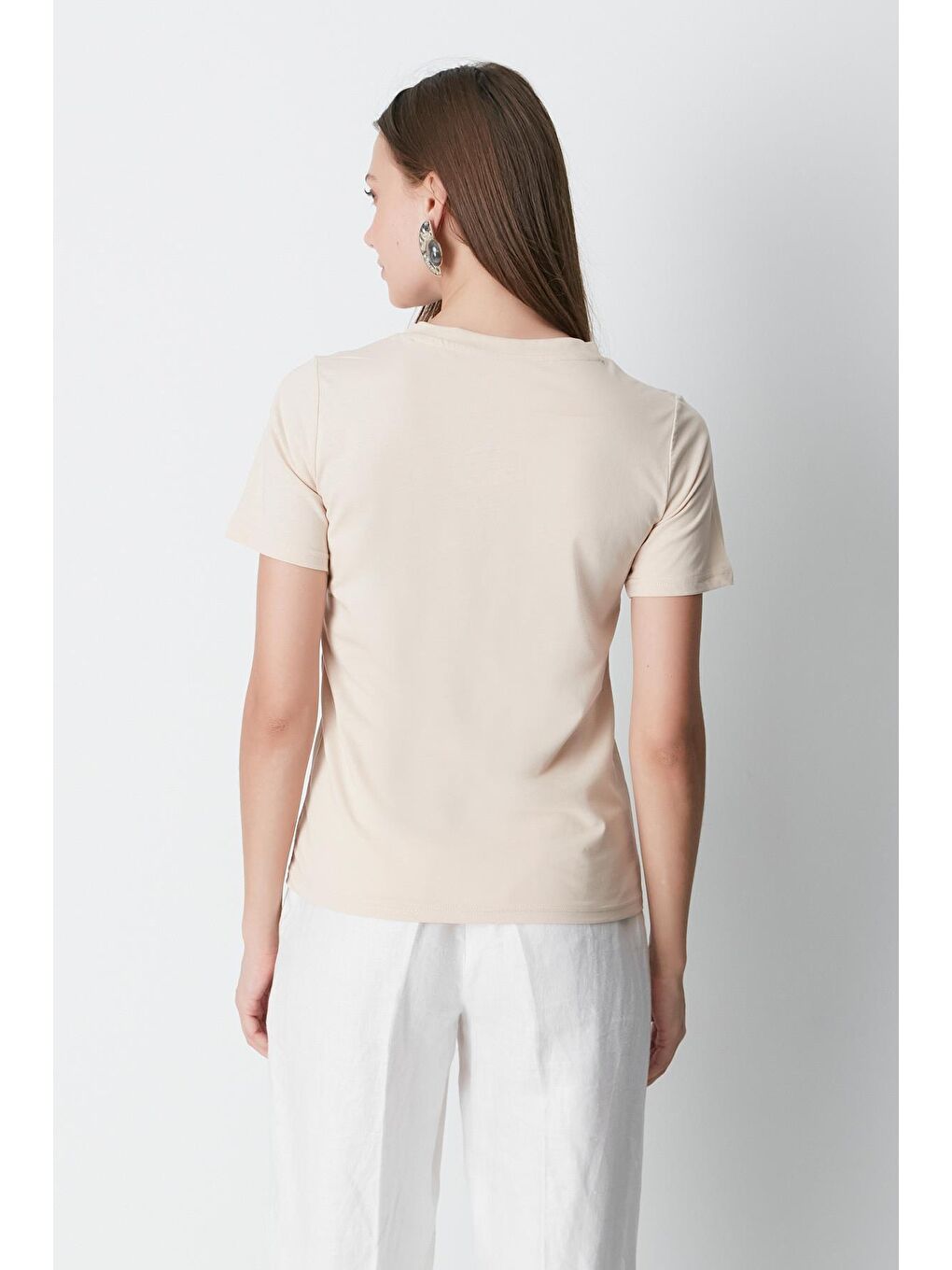 V Yaka Kısa Kol 2'li Basic T-Shirt 962 Haki/Bej-9