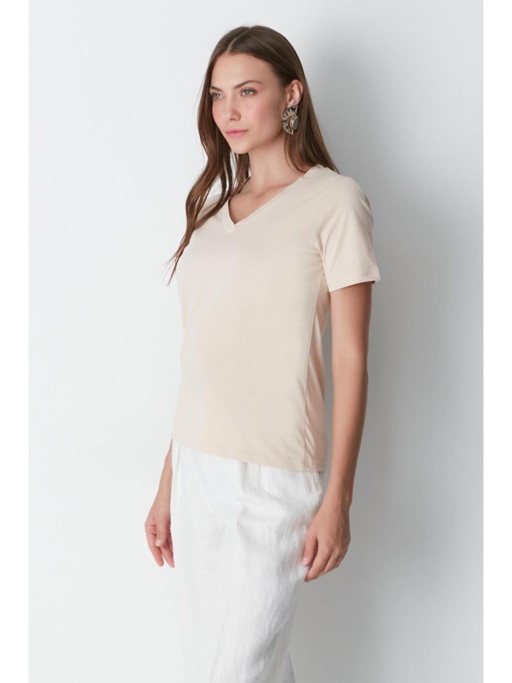 V Yaka Kısa Kol 2'li Basic T-Shirt 962 Haki/Bej-10