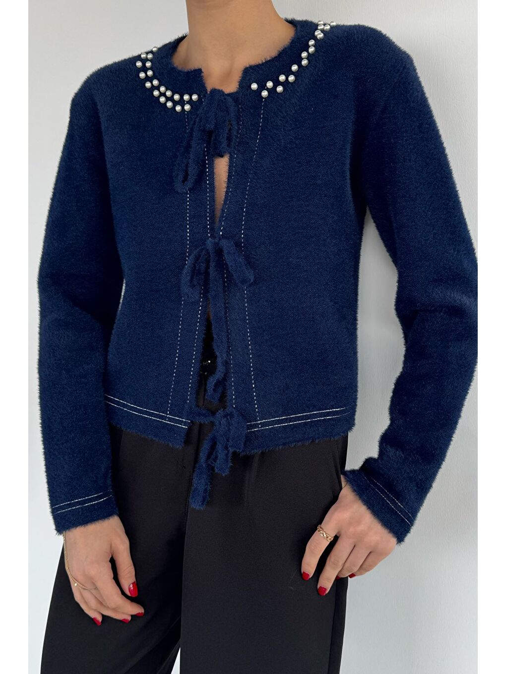 Lacivert Kadın Ön Bağlamalı İnci Detaylı Yumoş Triko Ceket (s-m-l Uyumludur)-2