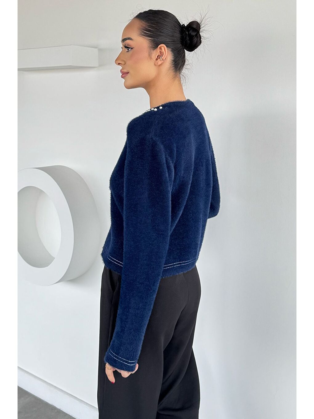 Lacivert Kadın Ön Bağlamalı İnci Detaylı Yumoş Triko Ceket (s-m-l Uyumludur)-3