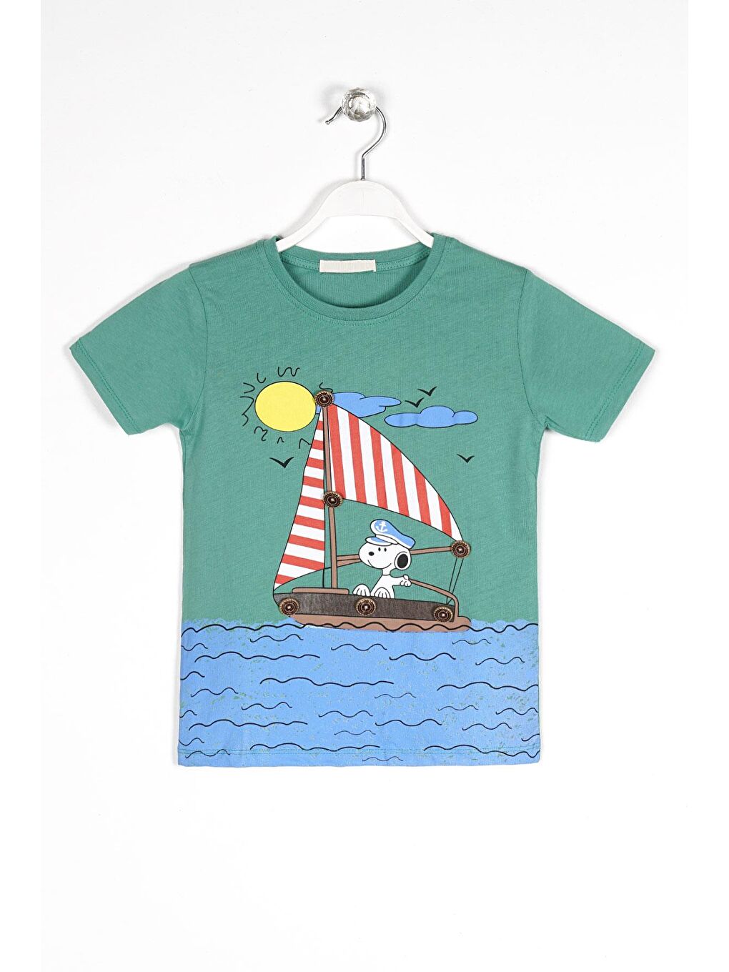 Yeşil Bisiklet Yaka Kısa Kol Gemi Basılı Düğme Aksesuarlı Cagla Yesil Renk Erkek Çocuk Tshirt