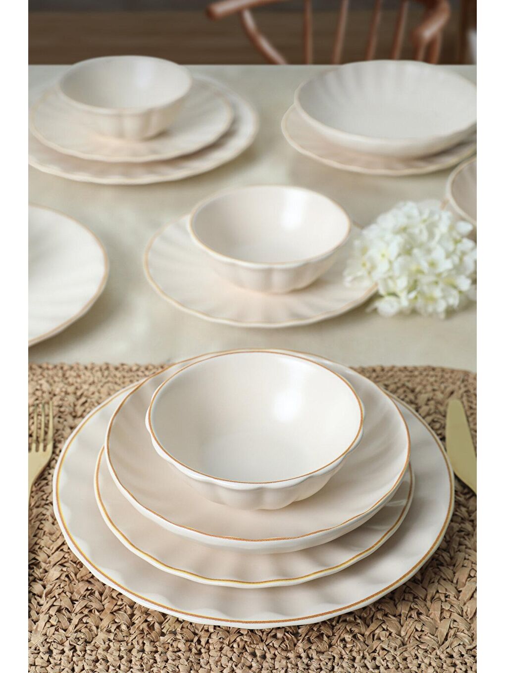 Ekru Krem Gold File Sirius Yemek Takımı 24 Parça 6 Kişilik
