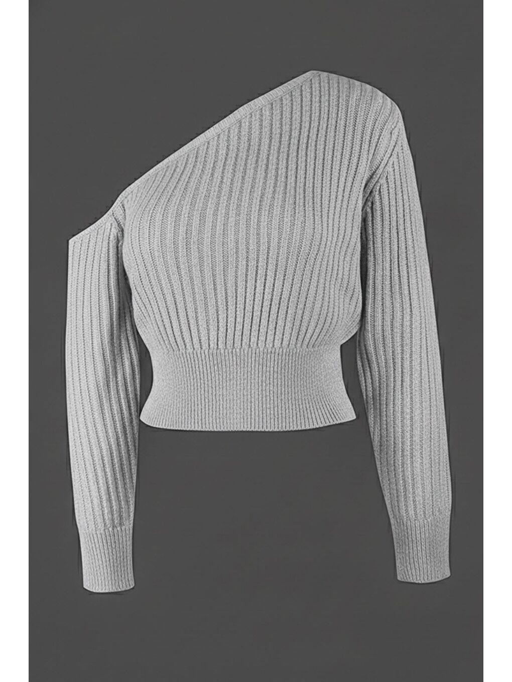Gri Omuz Açık Kabartmalı Kadın Triko Kazak-1