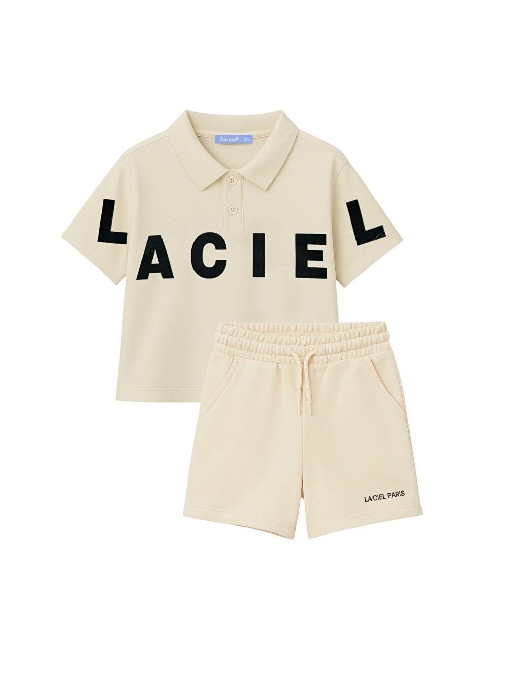 Unisex Çocuk Pamuklu Ekru Sloganlı Polo T-Shirt Ve Şort Takım – Laciel Yazı Detaylı