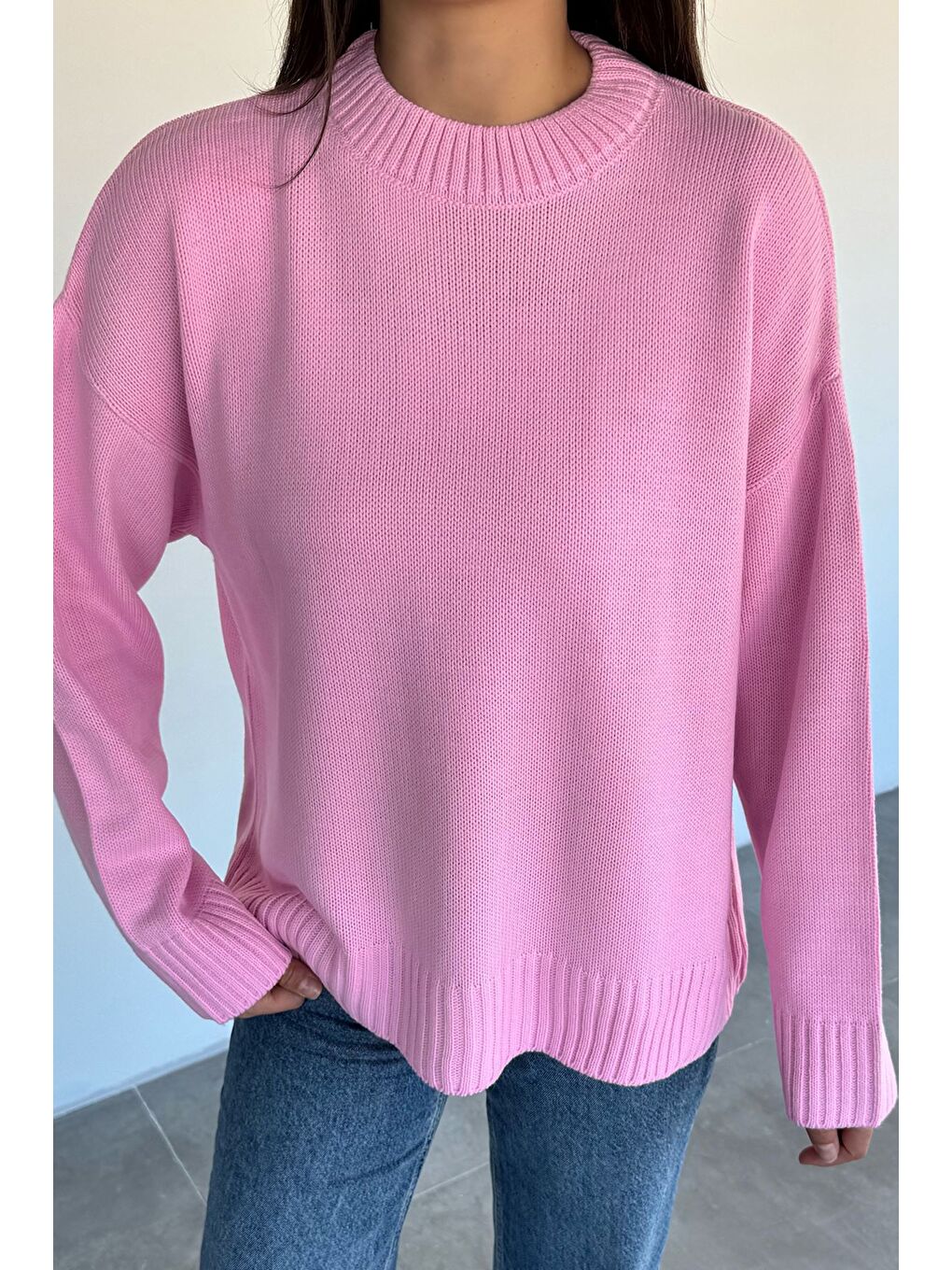 Pembe Kadın Bisklet Yaka Triko Kazak-1