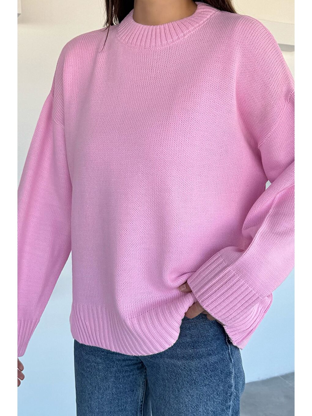 Pembe Kadın Bisklet Yaka Triko Kazak-2