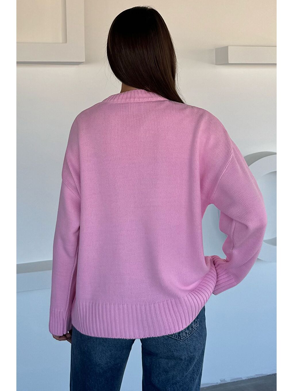 Pembe Kadın Bisklet Yaka Triko Kazak-3