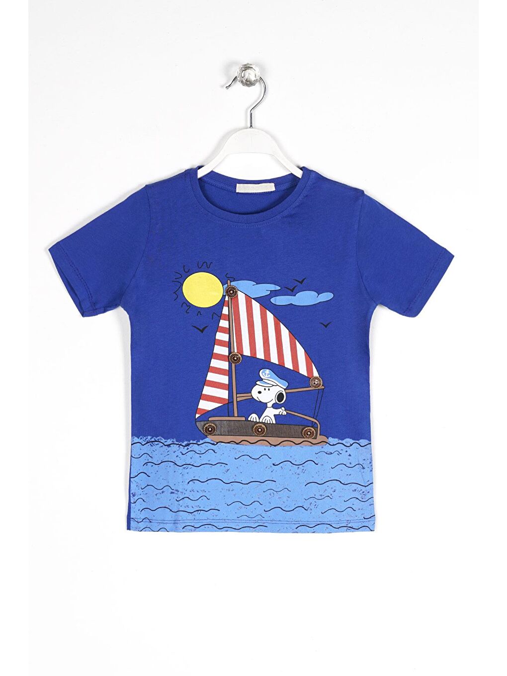 Mavi Bisiklet Yaka Kısa Kol Gemi Basılı Düğme Aksesuarlı Saks Renk Erkek Çocuk Tshirt