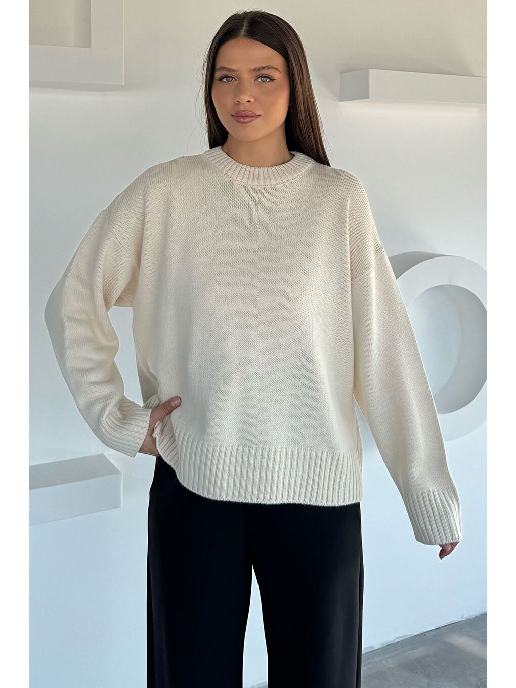 Ekru Kadın Bisklet Yaka Triko Kazak