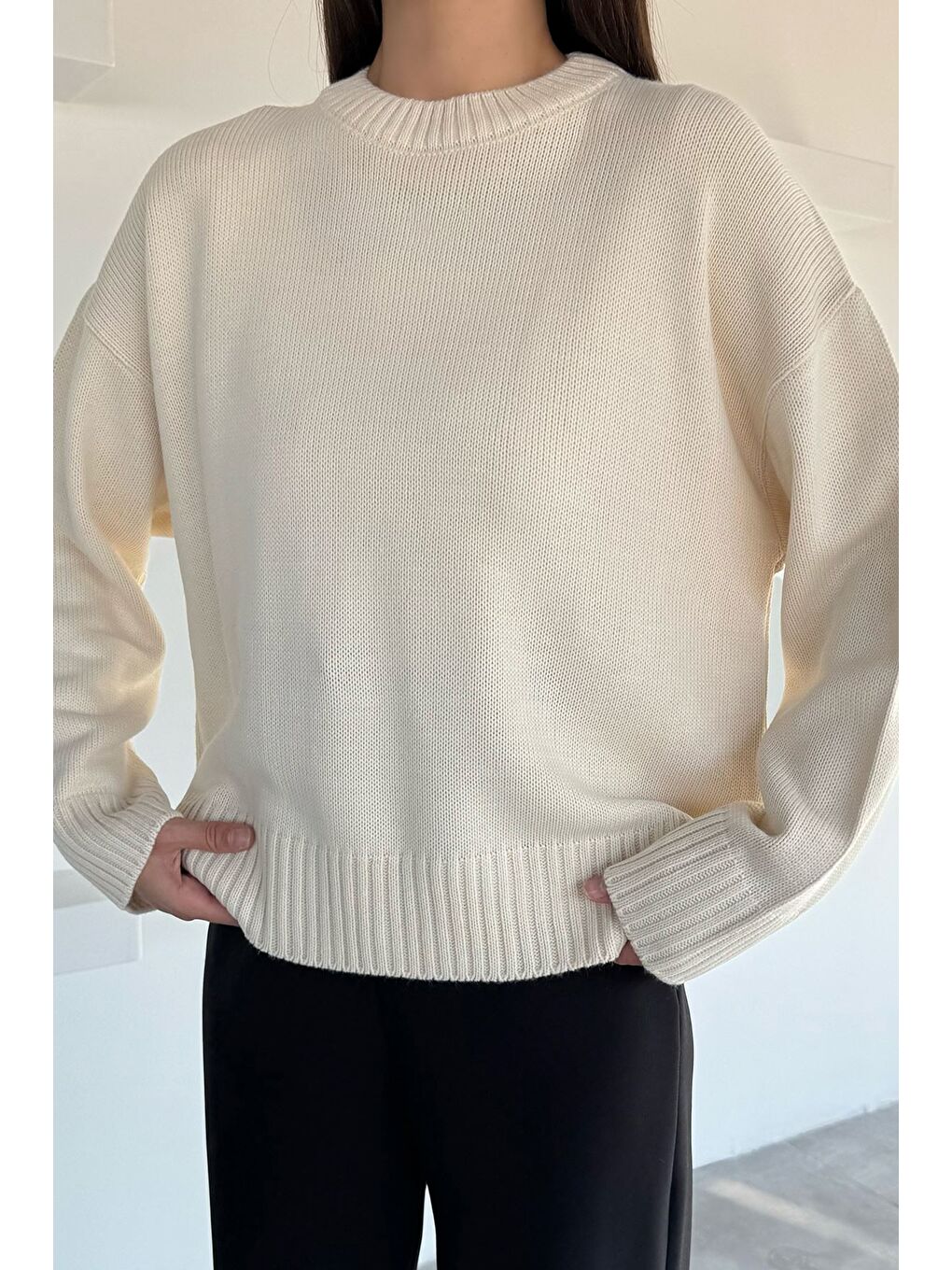 Ekru Kadın Bisklet Yaka Triko Kazak-2