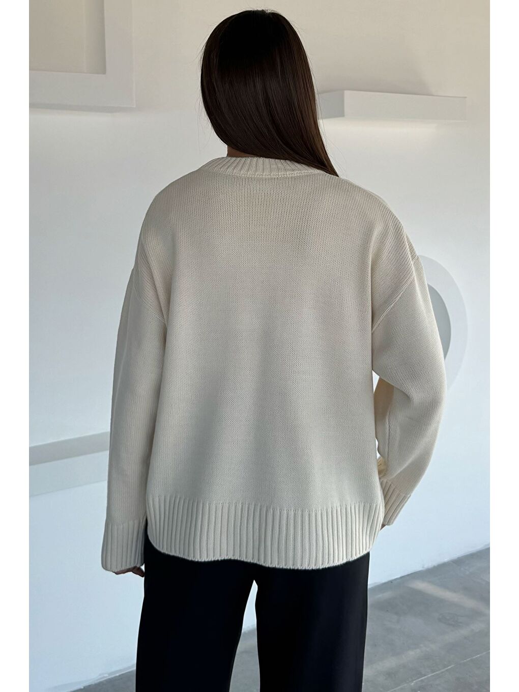 Ekru Kadın Bisklet Yaka Triko Kazak-3