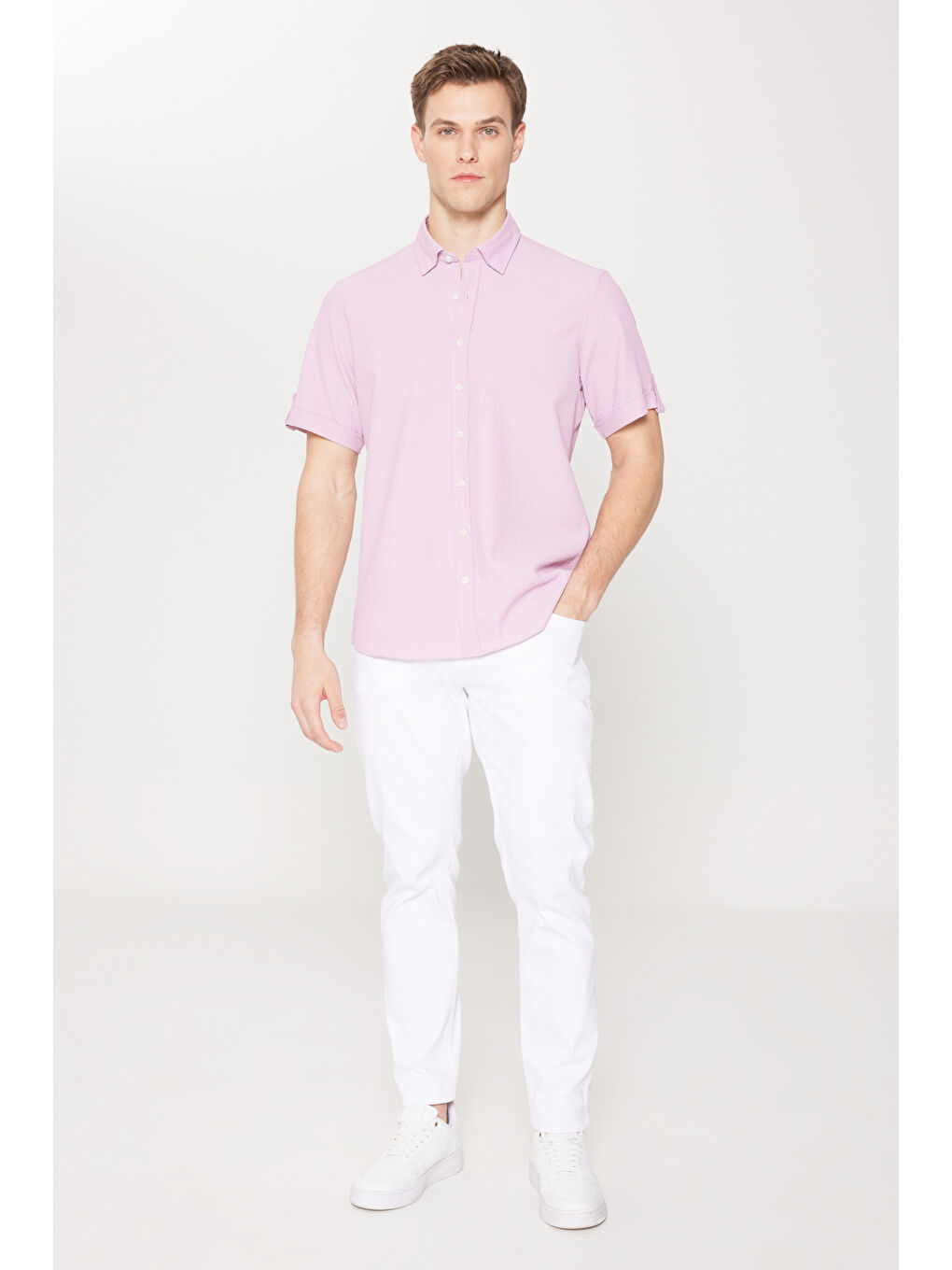 Erkek Lila Slim Fit Dar Kesim Gizli Düğme Yaka Kısa Kollu Gömlek-1