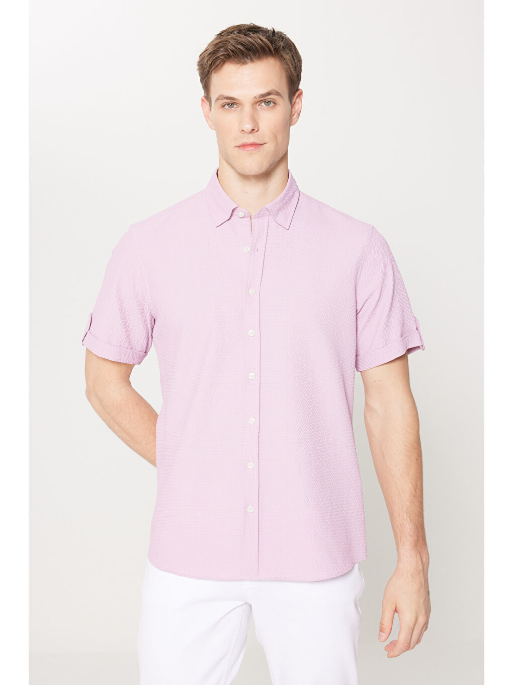 Erkek Lila Slim Fit Dar Kesim Gizli Düğme Yaka Kısa Kollu Gömlek-2