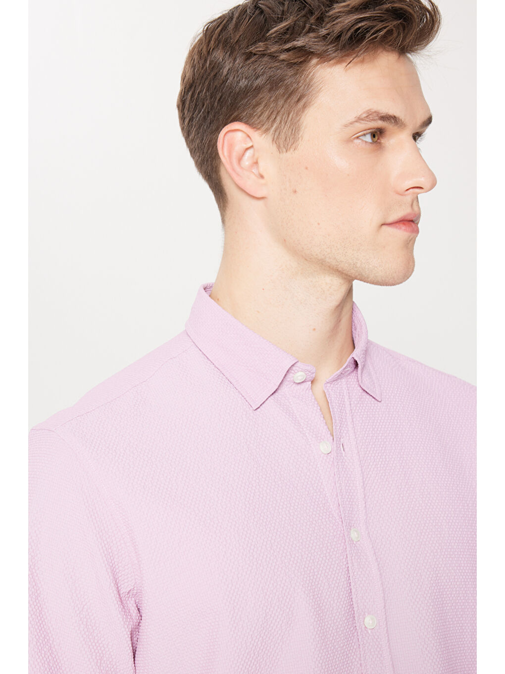 Erkek Lila Slim Fit Dar Kesim Gizli Düğme Yaka Kısa Kollu Gömlek-3